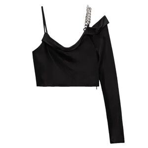 NWT ZARA Satin Crop Top Side Zipper One Shoulder Asymmetric Chain Strap  Size M